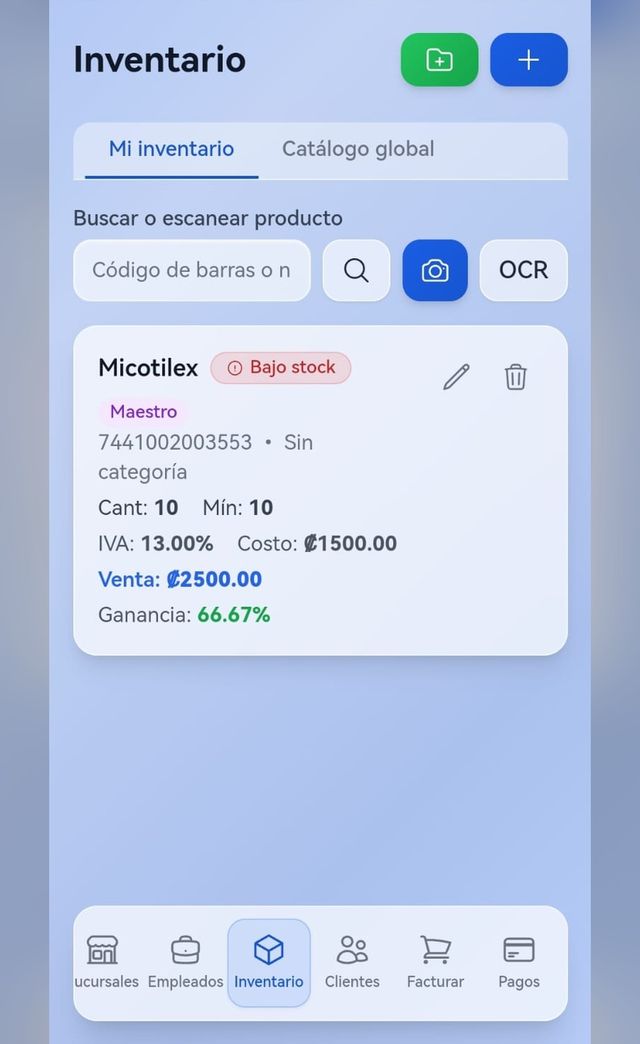 Pantalla de inventario con alerta de bajo stock